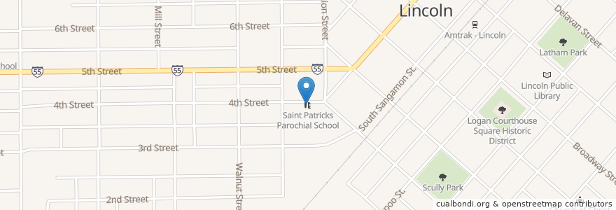 Mapa de ubicacion de Saint Patricks Parochial School en États-Unis D'Amérique, Illinois, Logan County, Lincoln.