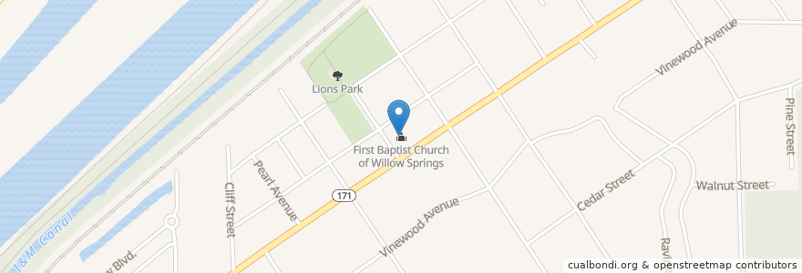 Mapa de ubicacion de First Baptist Church of Willow Springs en 미국, 일리노이, Willow Springs.