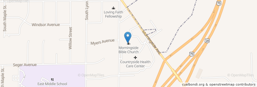 Mapa de ubicacion de Morningside Bible Church en United States, Iowa, Woodbury County, Sioux City.