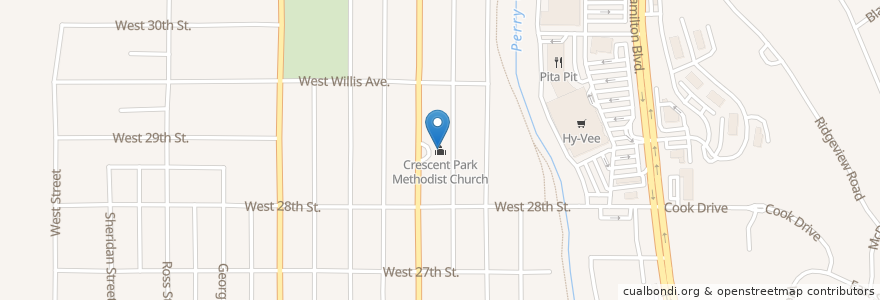 Mapa de ubicacion de Crescent Park Methodist Church en Соединённые Штаты Америки, Айова, Woodbury County, Sioux City.