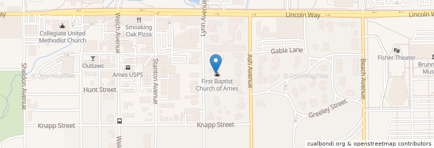 Mapa de ubicacion de First Baptist Church of Ames en United States, Iowa, Story County, Ames.