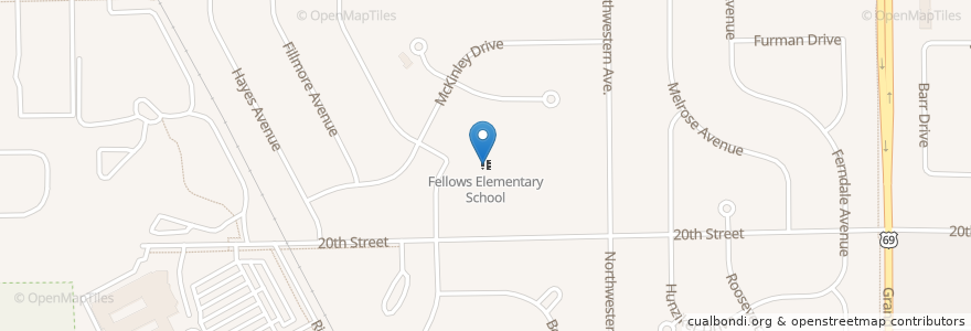 Mapa de ubicacion de Fellows Elementary School en アメリカ合衆国, アイオワ州, Story County, Ames.
