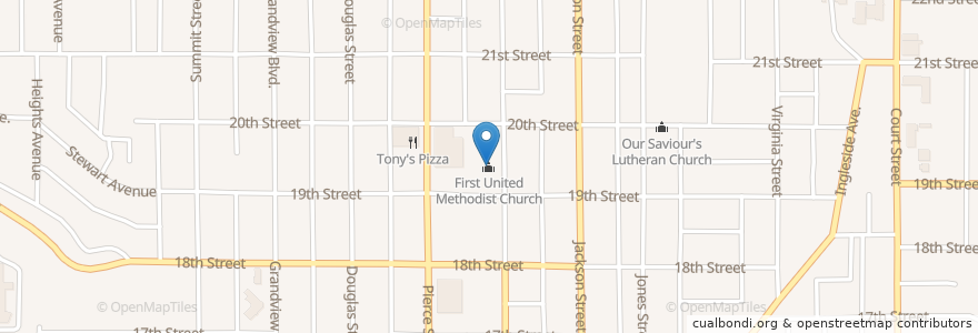 Mapa de ubicacion de First United Methodist Church en Verenigde Staten, Iowa, Woodbury County, Sioux City.