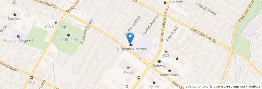 Mapa de ubicacion de St. Ignatius, Martyr en 美利坚合众国/美利堅合眾國, 得克萨斯州 / 德克薩斯州 / 德薩斯州, Travis County, 奥斯汀 / 柯士甸.