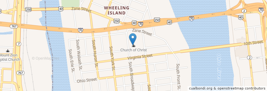 Mapa de ubicacion de Church of Christ en アメリカ合衆国, ウェストバージニア州, Wheeling, Ohio County.