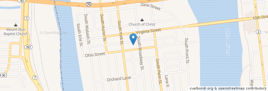 Mapa de ubicacion de Thomson United Methodist Church en ایالات متحده آمریکا, ویرجینیای غربی, Wheeling, Ohio County.