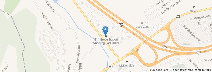 Mapa de ubicacion de Elm Grove Station Wheeling Post Office en Estados Unidos Da América, Virgínia Ocidental, Wheeling, Ohio County.