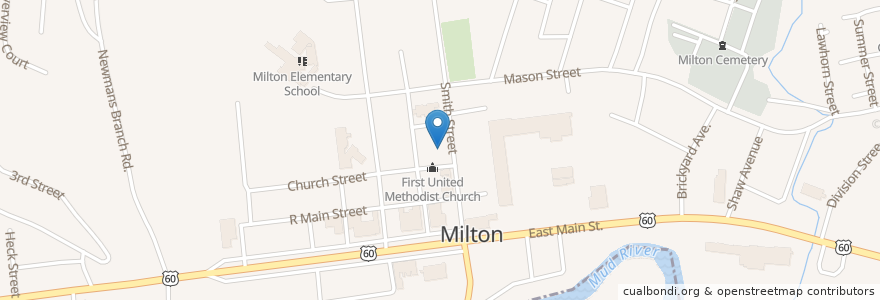 Mapa de ubicacion de First United Methodist Church en 美利坚合众国/美利堅合眾國, 西弗吉尼亚州/ 西維吉尼亞州 / 西維珍尼亞州, Cabell County, Milton.