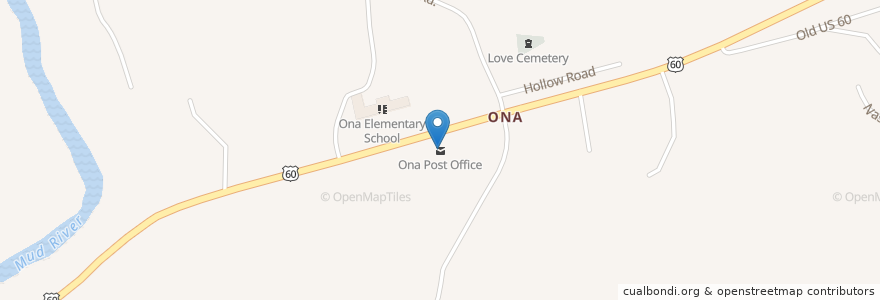 Mapa de ubicacion de Ona Post Office en Amerika Birleşik Devletleri, Batı Virjinya, Cabell County.