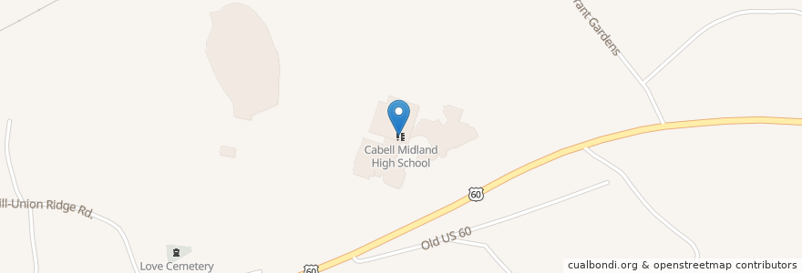 Mapa de ubicacion de Cabell Midland High School en Amerika Birleşik Devletleri, Batı Virjinya, Cabell County.