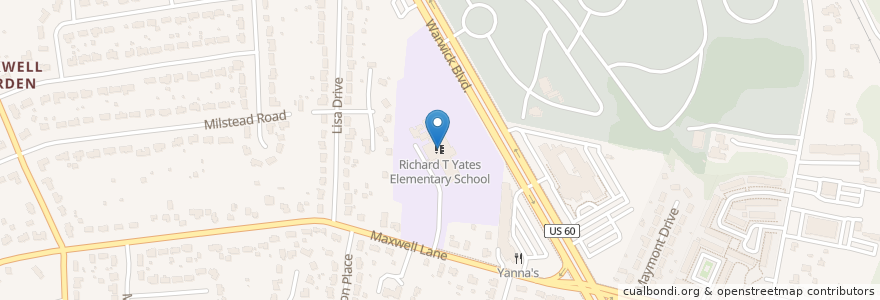 Mapa de ubicacion de Richard T Yates Elementary School en 美利坚合众国/美利堅合眾國, 弗吉尼亚州 / 維吉尼亞州 / 維珍尼亞州, Newport News City, Newport News.