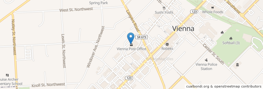 Mapa de ubicacion de Vienna Post Office en アメリカ合衆国, バージニア州, Fairfax County, Vienna.