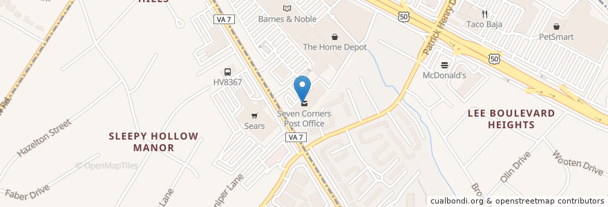 Mapa de ubicacion de Seven Corners Post Office en Соединённые Штаты Америки, Виргиния, Fairfax County.