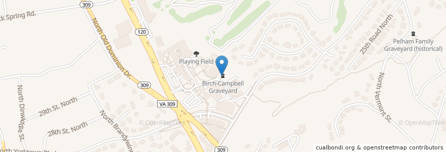 Mapa de ubicacion de Birch-Campbell Graveyard en 美利坚合众国/美利堅合眾國, 弗吉尼亚州 / 維吉尼亞州 / 維珍尼亞州, Arlington County, Arlington.