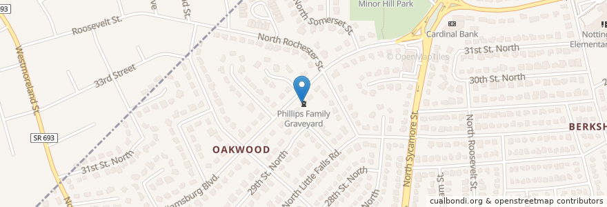 Mapa de ubicacion de Phillips Family Graveyard en 美利坚合众国/美利堅合眾國, 弗吉尼亚州 / 維吉尼亞州 / 維珍尼亞州, Arlington County.