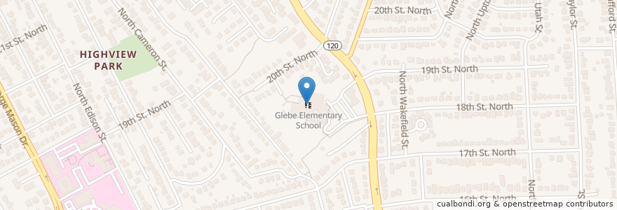 Mapa de ubicacion de Glebe Elementary School en Amerika Syarikat, Virginia, Arlington County, Arlington.
