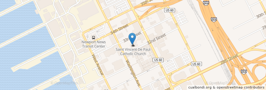 Mapa de ubicacion de Saint Vincent De Paul Catholic Church en 美利坚合众国/美利堅合眾國, 弗吉尼亚州 / 維吉尼亞州 / 維珍尼亞州, Newport News City, Newport News.