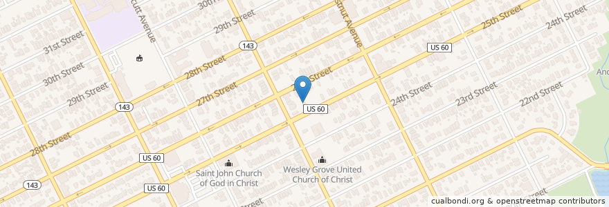 Mapa de ubicacion de Tabernacle Baptist Church en アメリカ合衆国, バージニア州, Newport News City, Newport News.