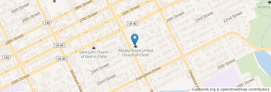 Mapa de ubicacion de Wesley Grove United Church of Christ en 美利坚合众国/美利堅合眾國, 弗吉尼亚州 / 維吉尼亞州 / 維珍尼亞州, Newport News City, Newport News.