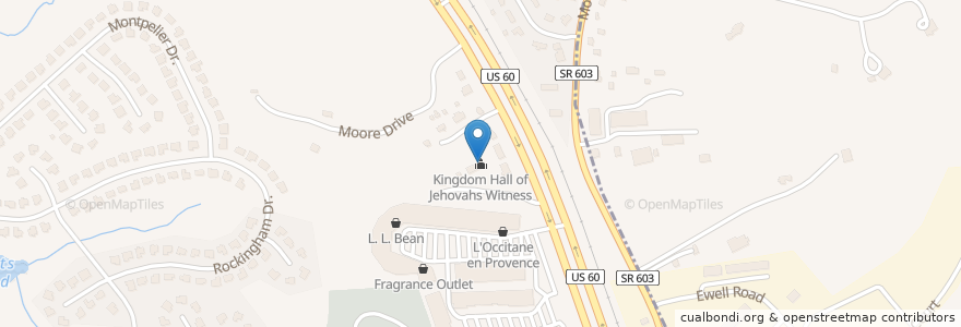 Mapa de ubicacion de Kingdom Hall of Jehovahs Witness en United States, Virginia, James City County.