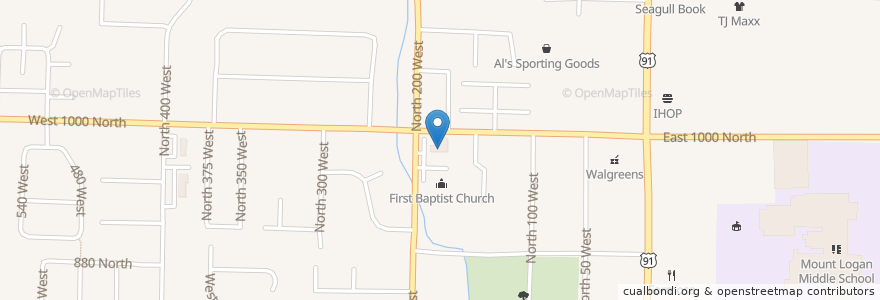 Mapa de ubicacion de First Baptist Church en 미국, 유타 주, Cache County, Logan.