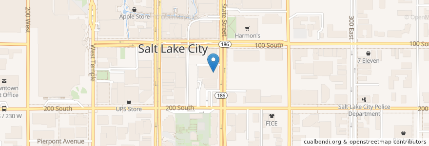 Mapa de ubicacion de The Church of Jesus Christ of Latter-day Saints en United States, Utah, Salt Lake County, Salt Lake City.