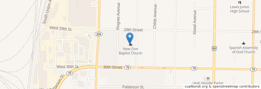 Mapa de ubicacion de New Zion Baptist Church en United States, Utah, Weber County, Ogden.