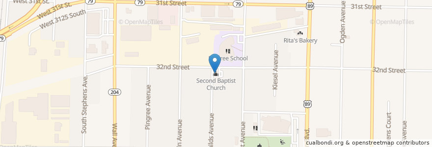 Mapa de ubicacion de Second Baptist Church en Vereinigte Staaten Von Amerika, Utah, Weber County, Ogden.