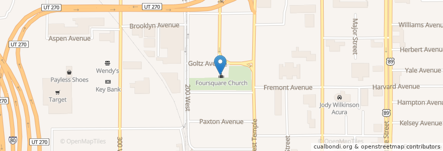Mapa de ubicacion de Foursquare Church en الولايات المتّحدة الأمريكيّة, يوتا, Salt Lake County, Salt Lake City.