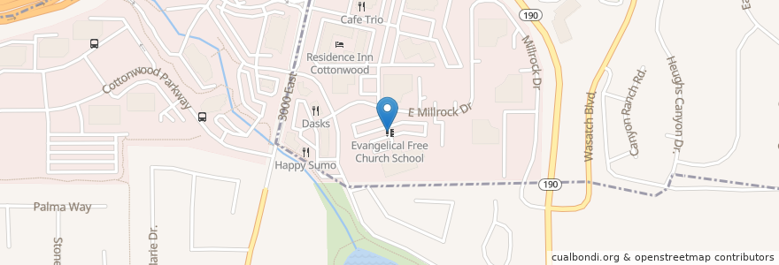 Mapa de ubicacion de Evangelical Free Church School en Amerika Syarikat, Utah, Salt Lake County, Holladay, Cottonwood Heights.