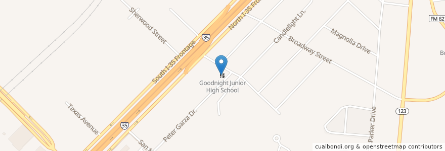 Mapa de ubicacion de Goodnight Junior High School en Stati Uniti D'America, Texas, San Marcos, Hays County.