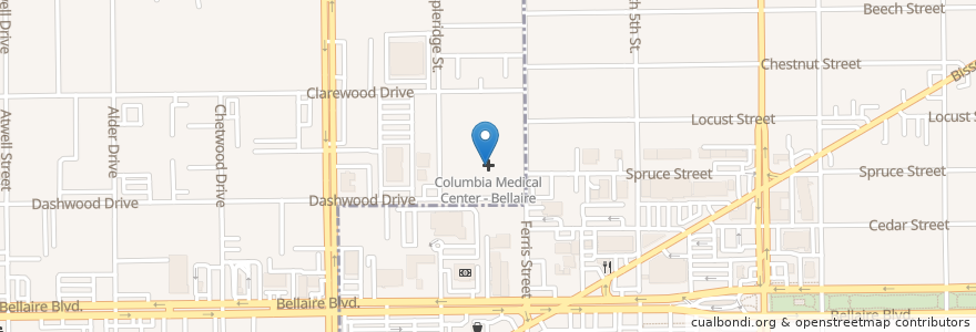 Mapa de ubicacion de Cornerstone Hospital Houston – Bellaire en 미국, 텍사스, Houston, Harris County.