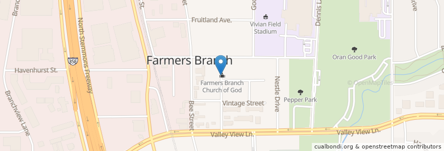 Mapa de ubicacion de Farmers Branch Church of God en 美利坚合众国/美利堅合眾國, 得克萨斯州 / 德克薩斯州 / 德薩斯州, Dallas County, Farmers Branch.