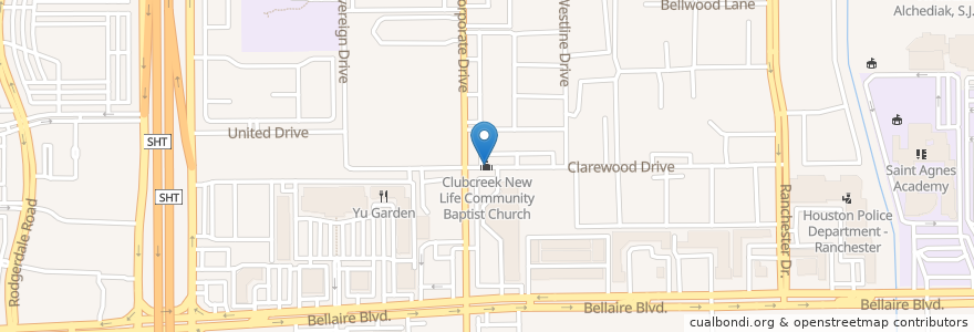 Mapa de ubicacion de Clubcreek New Life Community Baptist Church en 美利坚合众国/美利堅合眾國, 得克萨斯州 / 德克薩斯州 / 德薩斯州, 休斯敦, Harris County.