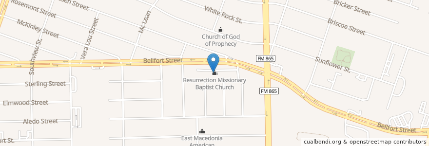 Mapa de ubicacion de Resurrection Missionary Baptist Church en United States, Texas, Houston, Harris County.