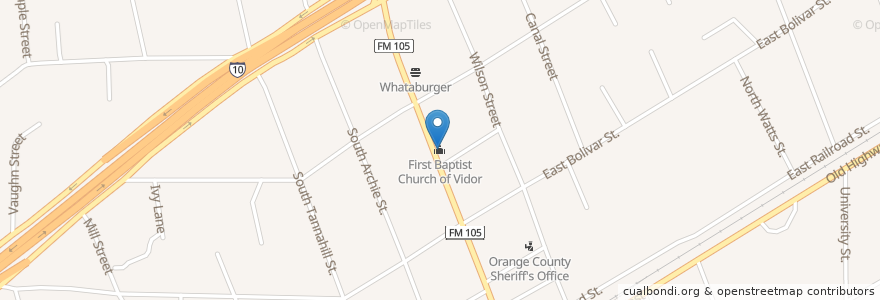 Mapa de ubicacion de First Baptist Church of Vidor en Соединённые Штаты Америки, Техас, Orange County, Вайдор.