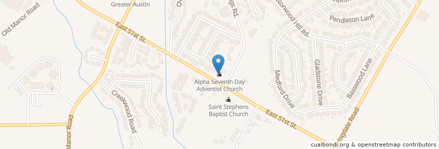Mapa de ubicacion de Alpha Seventh Day Adventist Church en 美利坚合众国/美利堅合眾國, 得克萨斯州 / 德克薩斯州 / 德薩斯州, Travis County, 奥斯汀 / 柯士甸.