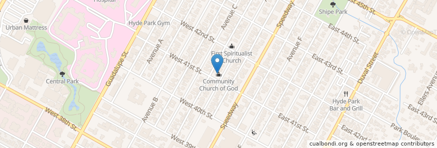 Mapa de ubicacion de Community Church of God en 美利坚合众国/美利堅合眾國, 得克萨斯州 / 德克薩斯州 / 德薩斯州, Travis County, 奥斯汀 / 柯士甸.