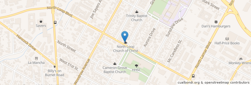 Mapa de ubicacion de North Loop Church of Christ en Estados Unidos De América, Texas, Travis County, Austin.