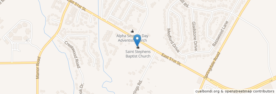 Mapa de ubicacion de Saint Stephens Baptist Church en 美利坚合众国/美利堅合眾國, 得克萨斯州 / 德克薩斯州 / 德薩斯州, Travis County, 奥斯汀 / 柯士甸.