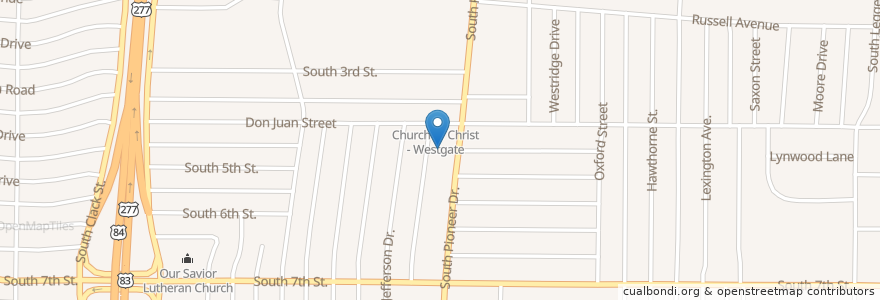 Mapa de ubicacion de Westgate Church of Christ en Estados Unidos Da América, Texas, Abilene, Taylor County.