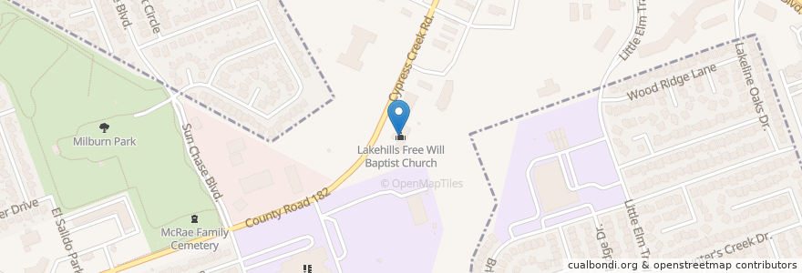 Mapa de ubicacion de Lakehills Free Will Baptist Church en États-Unis D'Amérique, Texas, Cedar Park, Williamson County.