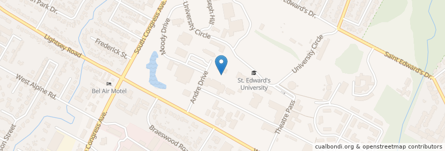 Mapa de ubicacion de Saint Edwards University en アメリカ合衆国, テキサス州, Travis County, Austin.