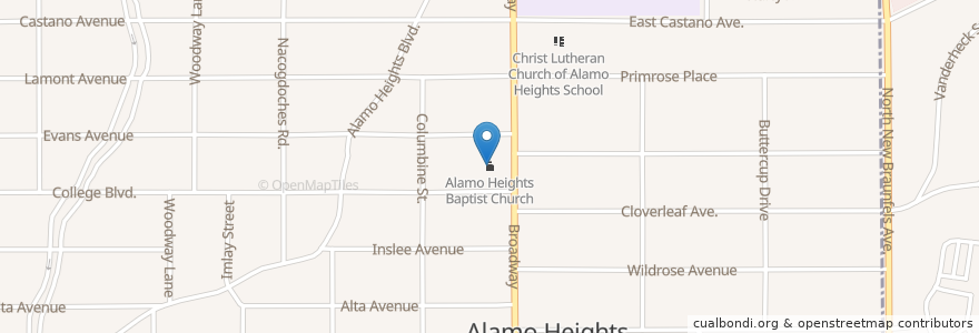 Mapa de ubicacion de Alamo Heights Baptist Church en Vereinigte Staaten Von Amerika, Texas, Bexar County, San Antonio, Alamo Heights.