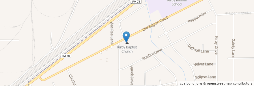 Mapa de ubicacion de Kirby Baptist Church en 美利坚合众国/美利堅合眾國, 得克萨斯州 / 德克薩斯州 / 德薩斯州, Bexar County, San Antonio.