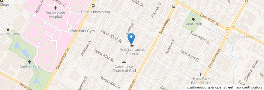 Mapa de ubicacion de First Spiritualist Church en 미국, 텍사스, Travis County, Austin.