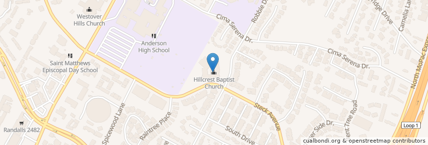Mapa de ubicacion de Hillcrest Baptist Church en Stati Uniti D'America, Texas, Travis County, Austin.