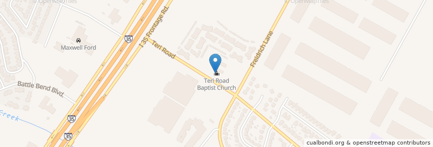 Mapa de ubicacion de Teri Road Baptist Church en Verenigde Staten, Texas, Travis County, Austin.