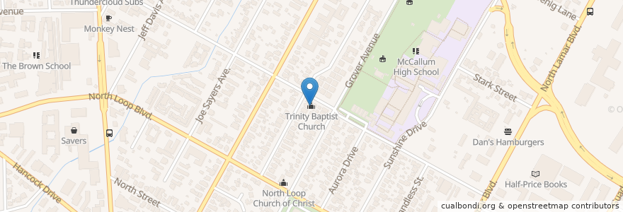 Mapa de ubicacion de Trinity Baptist Church en Verenigde Staten, Texas, Travis County, Austin.