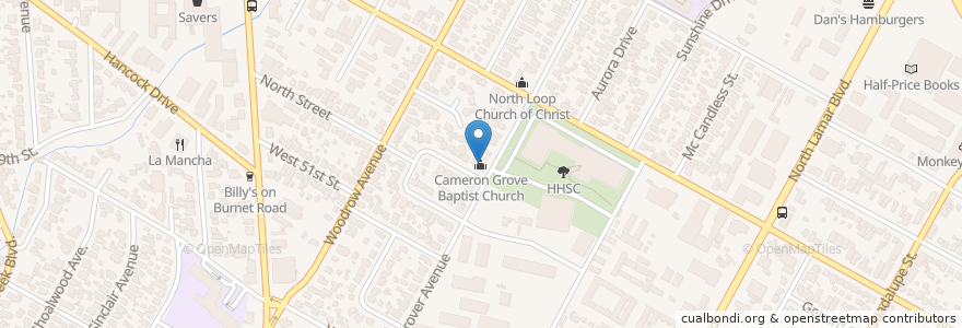 Mapa de ubicacion de Cameron Grove Baptist Church en Vereinigte Staaten Von Amerika, Texas, Travis County, Austin.